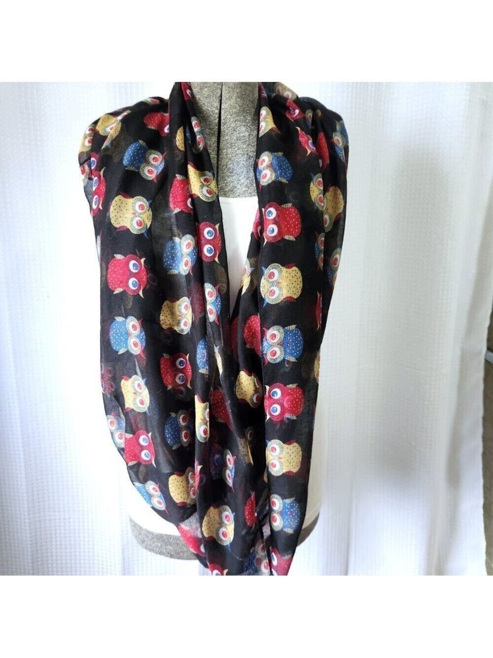 Infinity Scarf Lightweight All Over Owl Design 35" x 35" Black with Coloured Owl